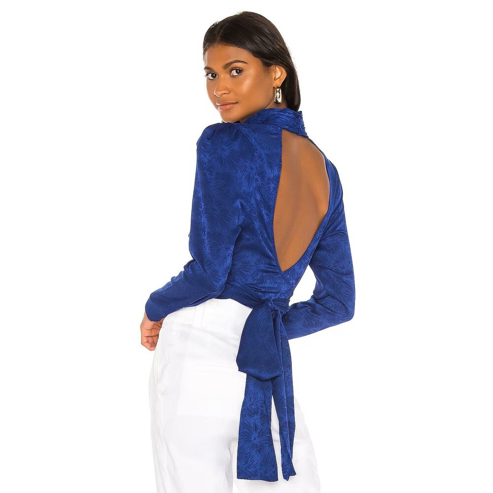 L'Academie The Suzanne Top in Navy Sz Small Open-Back Jacquard Blouse - Picture 3 of 10